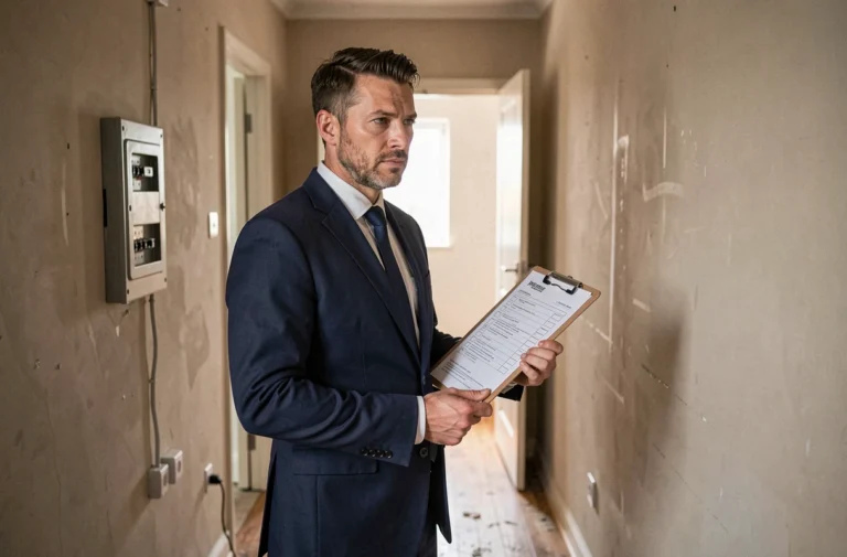 Agent immobilier réalisant un état des lieux dans un couloir d'appartement sans électricité, tenant un formulaire de vérification