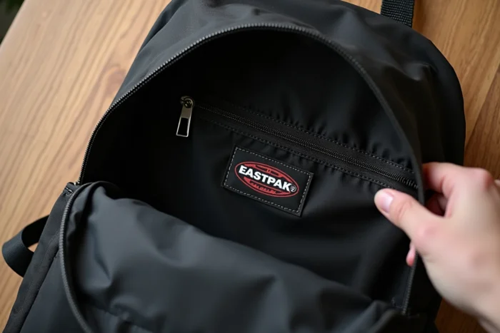 Gros plan sur l'étiquette intérieure et le numéro de série d'un sac Eastpak authentique pour vérification anti-contrefaçon