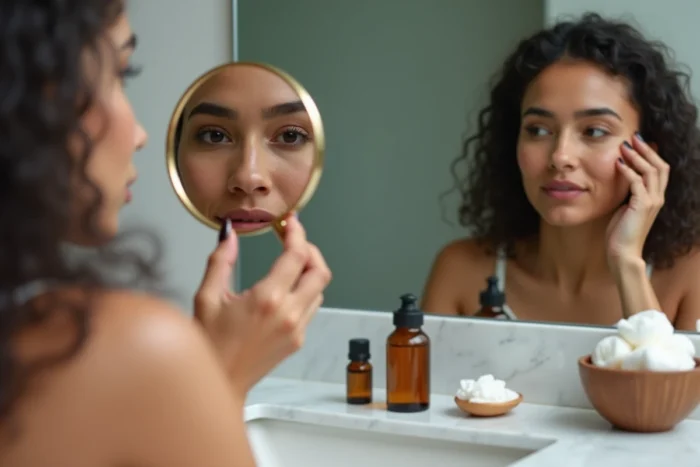 Jeune femme examinant un grain de beauté sur sa joue avec un miroir grossissant entourée de remèdes naturels sur un comptoir en marbre