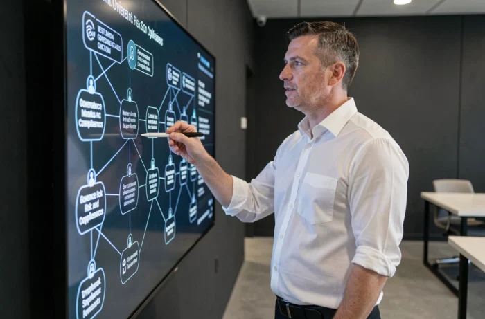 Expert en gouvernance d'entreprise présentant un cadre e-GRC sur un écran interactif dans un environnement technologique moderne