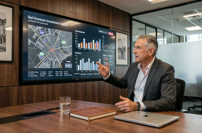 Expert immobilier présentant des graphiques de tendances du marché dans une salle de conférence moderne