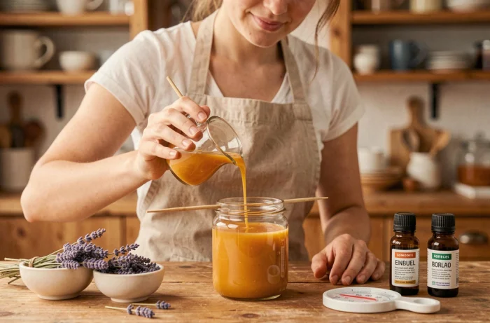 Jeune femme coulant de la cire de soja parfumée pour fabriquer des bougies artisanales maison