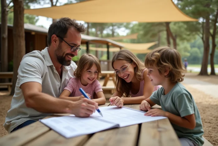 Famille planifiant leur budget de vacances pas chères dans un camping près de Vallon-Pont-d'Arc en Ardèche