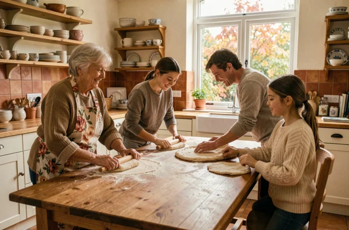 Grand-mère et petits-enfants préparant de la pâtisserie ensemble dans une cuisine familiale chaleureuse, renforcement des liens intergénérationnels