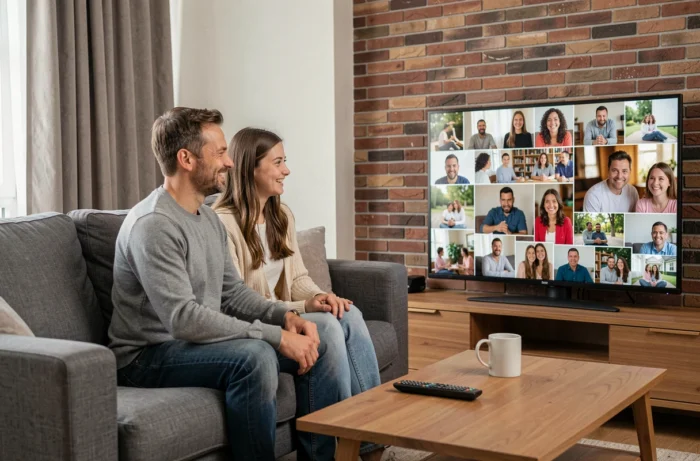 Père et adolescente regardant ensemble une vidéo souvenir personnalisée sur leur téléviseur dans le salon familial