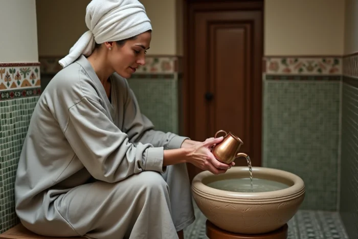Femme versant de l'eau sur ses mains avec une aiguière en cuivre près d'un bassin traditionnel dans une salle aux mosaïques zellige