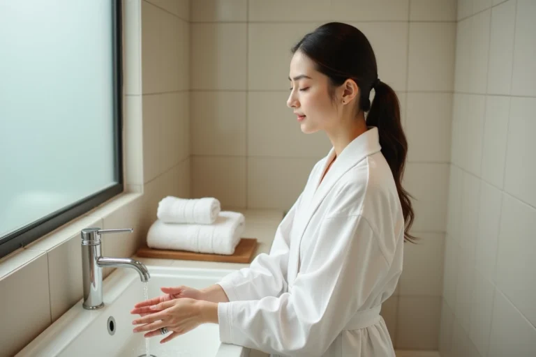 Femme en robe blanche effectuant une ablution rituelle au lavabo dans une salle de bain moderne et épurée