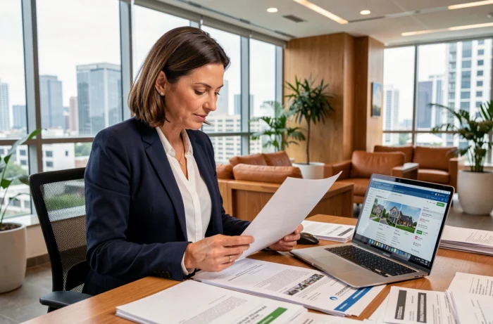Femme cadre analysant des documents d'investissement immobilier dans une agence moderne avec vue sur la ville