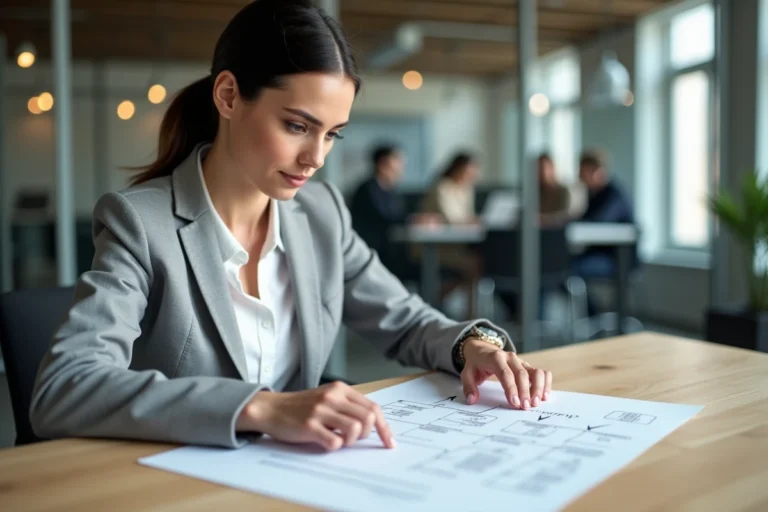 Femme professionnelle analysant un plan de site imprimé sur un bureau en bois dans un bureau moderne