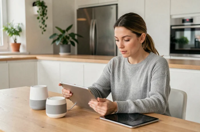 Femme utilisant des appareils connectés comme une enceinte intelligente et une tablette dans une cuisine moderne