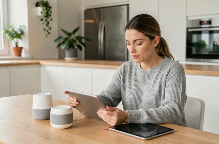 Femme utilisant des appareils connectés comme une enceinte intelligente et une tablette dans une cuisine moderne
