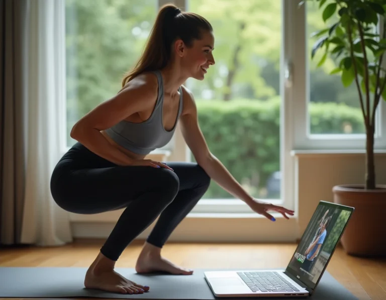 Femme suivant une séance de coaching sportif en ligne sur son ordinateur portable dans son salon moderne