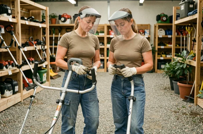 Femme comparant deux débroussailleuses thermiques dans un magasin de jardinage en plein air avant d'effectuer son achat
