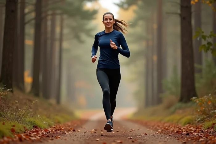 Femme courante sur un sentier forestier en automne pour améliorer son endurance sportive