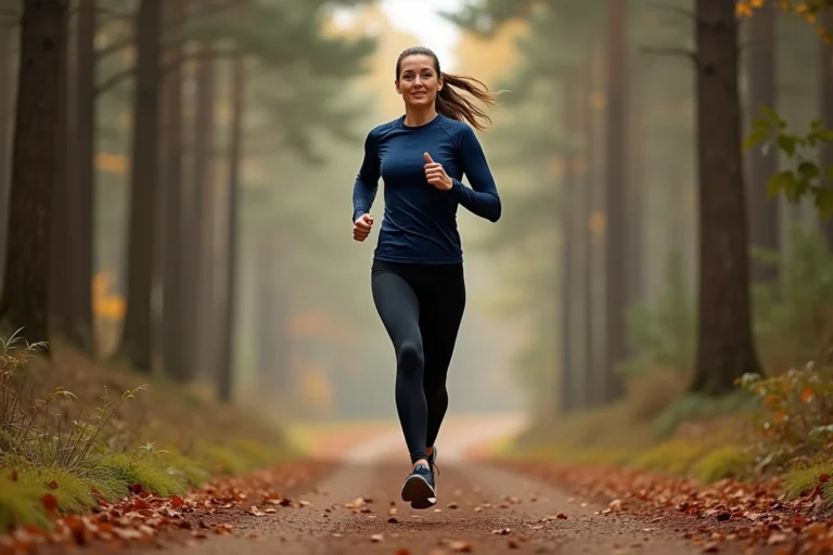 Femme courante sur un sentier forestier en automne pour améliorer son endurance sportive