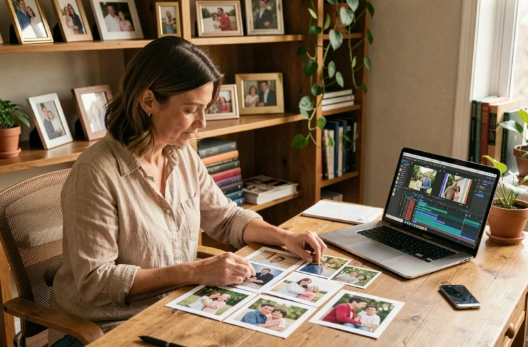 Femme triant des photos de famille sur un bureau en bois pour créer une vidéo souvenir personnalisée sur son ordinateur portable