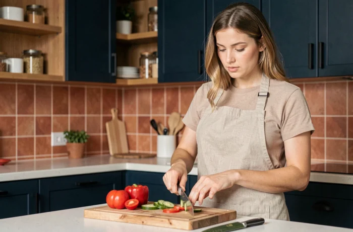 Femme préparant un repas dans une petite cuisine de 10m2 avec meubles bleu marine et étagères en bois ouvertes, style contemporain