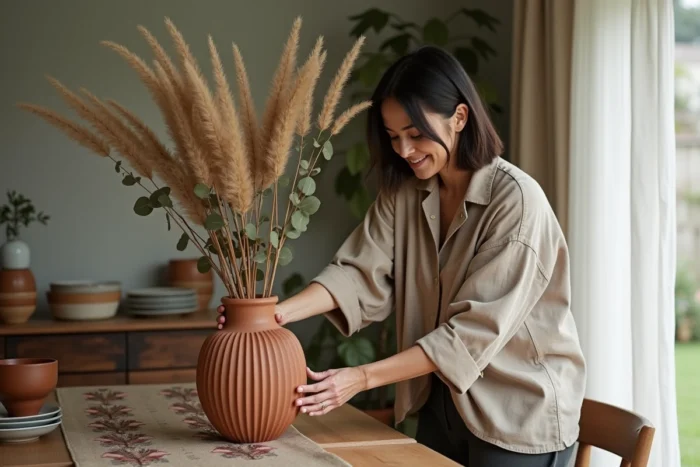Femme arrangeant des fleurs séchées dans un vase en terre cuite sur une table en bois rustique pour décorer sa maison chaleureusement