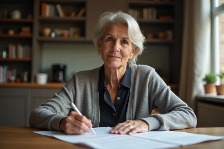 Femme d'âge mûr consultant des documents d'assurance vie à la maison, stylo à la main