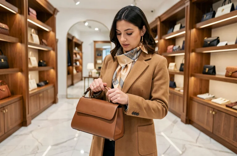 Femme élégante en manteau camel tenant un sac en cuir structuré dans une boutique de mode parisienne