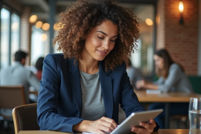 Femme entrepreneur consultant des conseils business sur tablette dans un espace de coworking moderne pour augmenter ses revenus en ligne