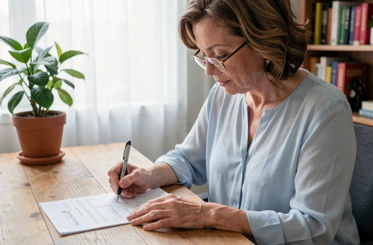 Femme remplissant une feuille de soin Pacifica à son bureau à domicile