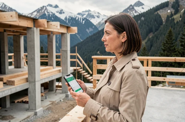 Femme consultant une calculatrice de prêt immobilier sur smartphone sur le chantier d'un chalet moderne dans les Hautes-Pyrénées