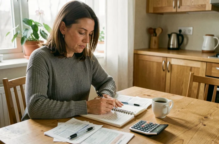 Femme consultant son carnet de budget à la table de cuisine avec des reçus et une calculatrice