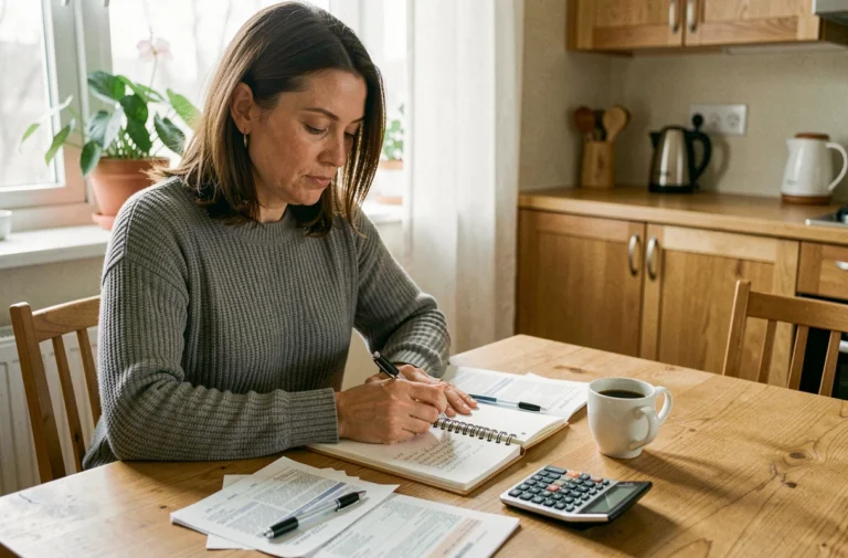 Femme consultant son carnet de budget à la table de cuisine avec des reçus et une calculatrice