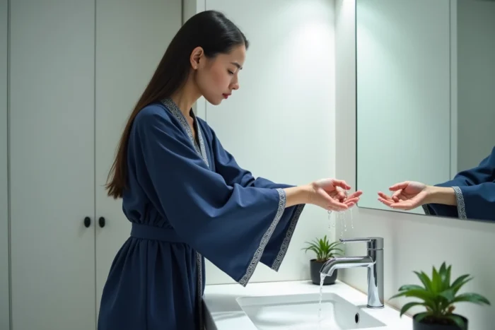 Femme en robe de prière bleue lavant ses avant-bras au lavabo dans une salle de bain contemporaine avec miroir