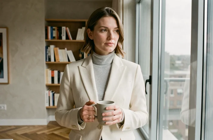 Femme seule dans un appartement moderne tenant une tasse, atmosphère intime illustrant la vie privée et le quotidien
