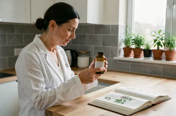 Femme lisant l'étiquette d'avertissement d'un complément alimentaire à base d'haritaki, précautions d'usage et dangers potentiels