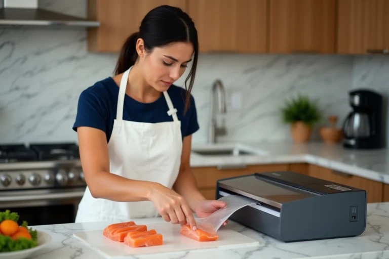 Femme utilisant une machine sous vide pour conserver des filets de saumon frais dans une cuisine moderne