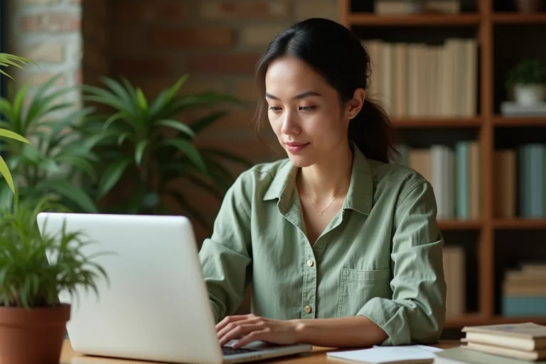 Femme utilisant un moteur de recherche éthique sur son ordinateur portable dans un bureau écologique à domicile
