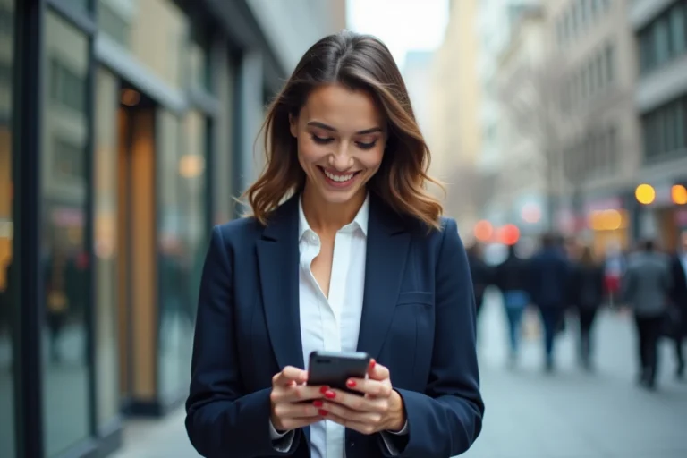 Femme professionnelle utilisant une application de gestion d'activités sur smartphone en déplacement en ville