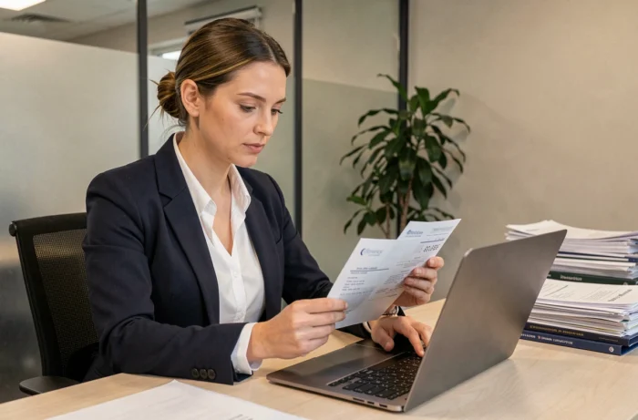 Femme professionnelle consultant un reçu de transfert d'argent dans un bureau de services financiers