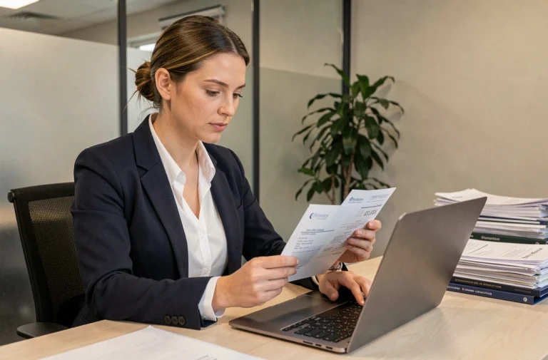 Femme professionnelle consultant un reçu de transfert d'argent dans un bureau de services financiers
