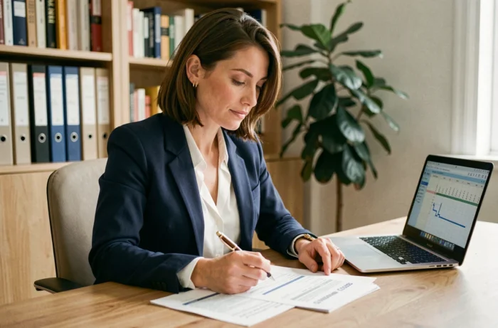 Femme consultant un rapport de crédit à son bureau à domicile pour mieux gérer ses finances personnelles