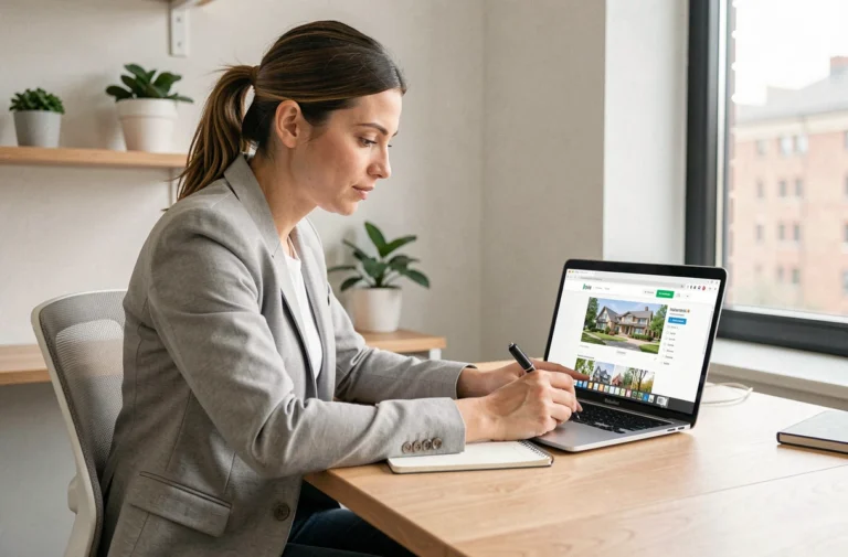 Femme consultant des offres de location immobilière sur un site web depuis son bureau à domicile