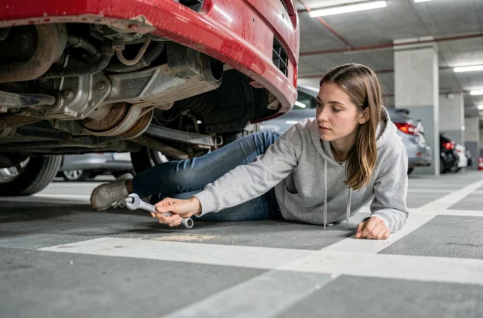Femme utilisant une clé pour actionner le démarreur sous une voiture rouge dans un parking souterrain