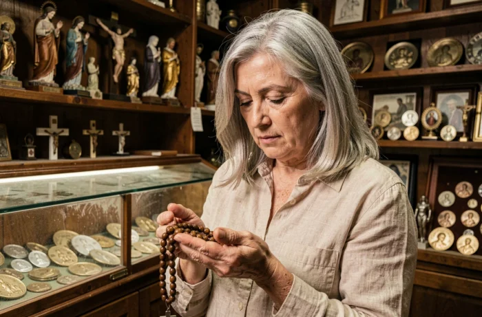 Femme examinant un rosaire ancien en bois dans une boutique d'antiquités religieuses, illustration de la hagietomamophilie