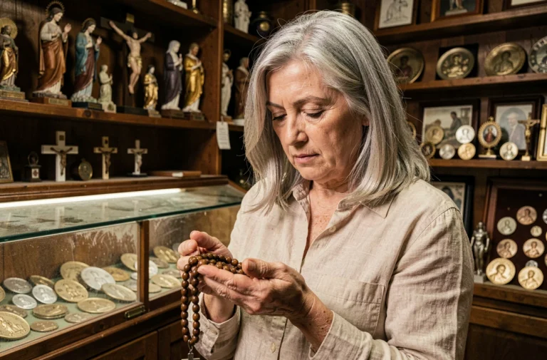 Femme examinant un rosaire ancien en bois dans une boutique d'antiquités religieuses, illustration de la hagietomamophilie