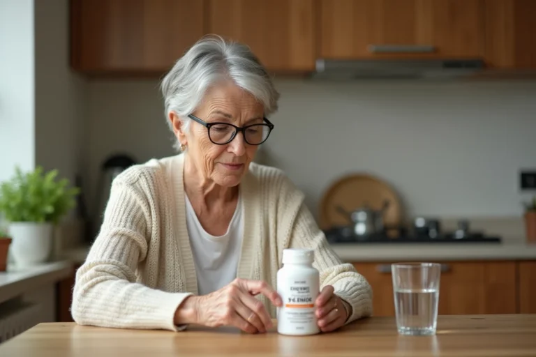 Femme senior lisant les contre-indications d'un complément alimentaire Bion 3 Senior dans une cuisine