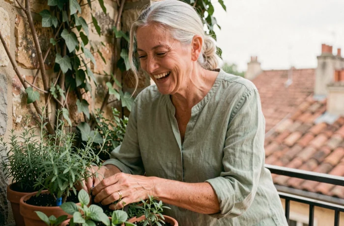 Femme de 63 ans souriante qui soigne ses plantes aromatiques sur un balcon parisien, illustrant l'épanouissement après 60 ans
