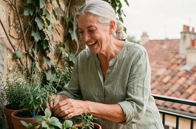 Femme de 63 ans souriante qui soigne ses plantes aromatiques sur un balcon parisien, illustrant l'épanouissement après 60 ans