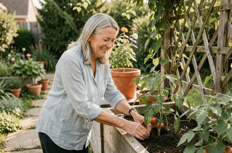 Femme senior souriante qui jardine dans son potager, profitant pleinement de sa retraite à l'extérieur