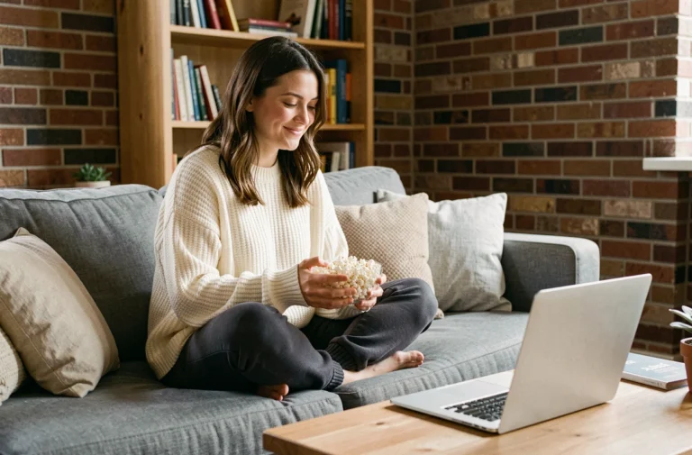 Jeune femme regardant un film en streaming gratuit sur son ordinateur portable dans un salon cosy