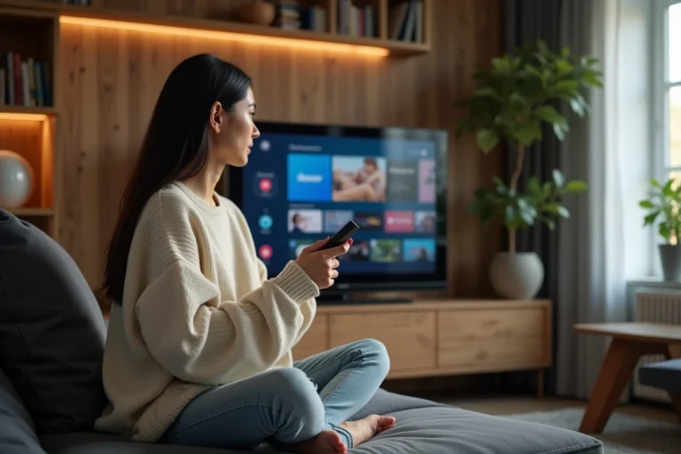 Jeune femme explorant des plateformes de streaming sur sa télévision dans un salon moderne et cosy