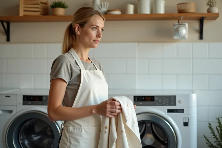 Femme tenant un tablier de cuisine plié devant un lave-linge ouvert dans une buanderie moderne