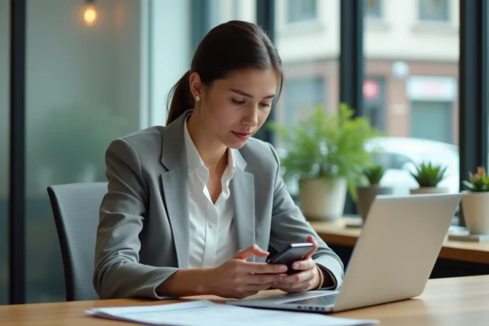 Femme professionnelle utilisant son téléphone personnel au bureau dans un espace de travail québécois